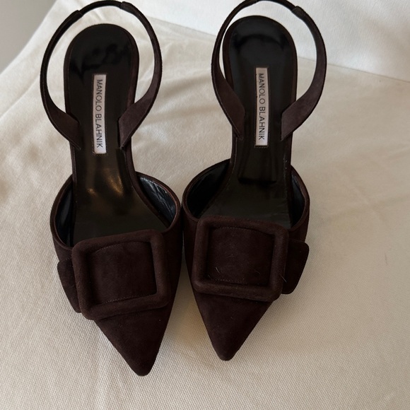 Manolo Blahnik Shoes - Manolo Blahnik Dark Brown Suede Pointed Slingback Pumps with Buckle